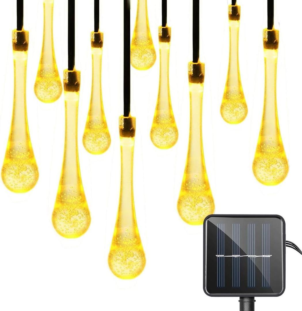 Solar String Lights Outdoor Waterproof 19.6 Feet 30LED 8 Functions,Teardrop Water Drop Solar Lights, Garden Terrace Patio Tree Party Christmas Decoration (Warm White)