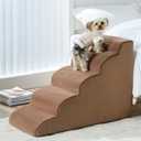 LNSSFFER Dog Stairs for Small Dogs, 5-Steps Dog Ramp for High Bed, Pet Stairs with Highly Supportive Foam and Non-Slip Bottom, Dog Stairs for Large Dogs and Medium Dogs, Brown