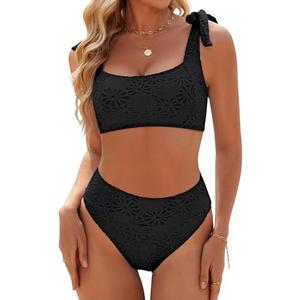 Blooming Jelly Womens High Waisted Bikini Set Tie Strap Jacquard Terry Cloth 2 Piece Swimsuit Modest Cute Retro Bathing Suit, S