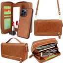 Harryshell Compatible with iPhone 14 Pro Max 6.7 inch 2022 Case Wallet Multi Zipper Detachable Magnetic Cover Purse Bag with Card Slots Mirror Crossbody Chain Wrist Strap (Light Brown)