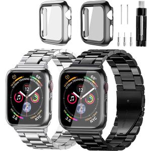 Compatible With Apple Watch Band and Case Iwatch Ultra 10 9 8 7 6 5 4 3 2 1 SE 49mm 45mm 46mm 44mm 42mm 41mm 40mm 38mm Series,Men Women Classic Classy Stainless Steel Metal Business (Black&Silver)