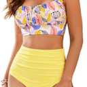 EHSUYAB Women 2 Piece High Waisted Bikini Set, Floral Ruffle Tummy Control Swimsuit, Ruched Modest Full Coverage Bathing Suit