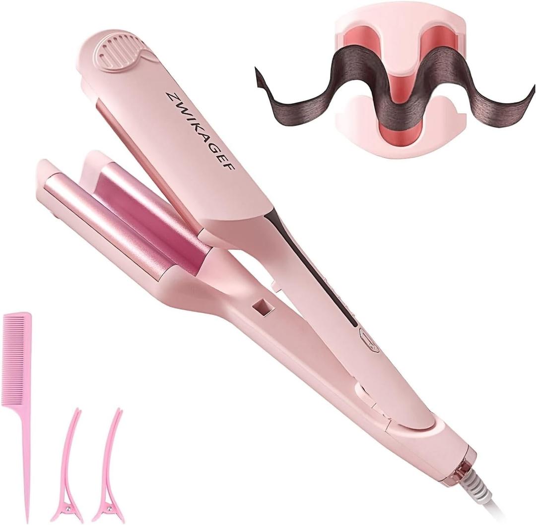 Curling Iron Crimper Hair Tool - ZWIKAGEF Hair Crimper Curling Wand, Curling Iron with Ceramic 3 Barrel for Short Hair Women, Dual Voltage, Anti-Scald, 1.25 Inch