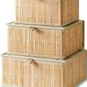 Honygebia Bamboo Decorative Storage Boxes - Set of 3 Woven Lined Storage Basket with Lids, Beige Wicker Lidded Baskets for Home Kitchen Shelf Organizer Decor