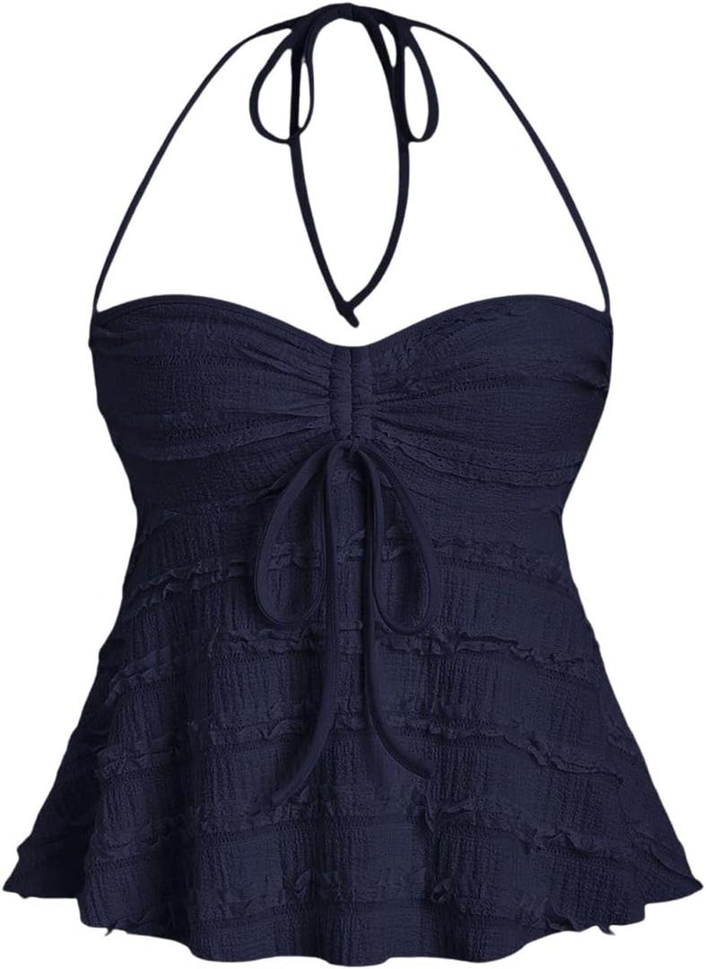 SHENHE Women's Babydoll Tops Halter Neck Strapless Lace Trim Drawstring Going Out Peplum Tops (Large, Deep Blue)