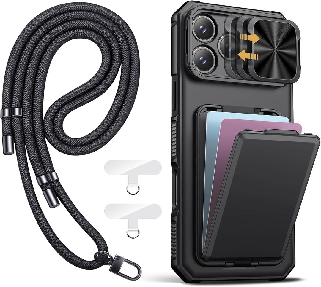 SSLOTSCASE for iPhone 17 Pro Max Case with Phone Lanyard Crossbody (2X Tabs), Card Holder & Kickstand & Slide Camera Lens Cover & Camera Stand, Rugged Durable Case Cover for iPhone 17 Pro Max, Black (Lanyard Strap Kit)