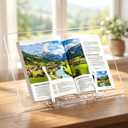 Acrylic Cookbook Holder, 13.3x9.4 Inch Ergonomic Book Display Stand | Adjustable 0-50 Acrylic Book Stand with Page Clip for Reading, Recipe, Books, Document, Cookbook