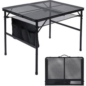 JOUYEK Folding Grill Table, 3x2 FT Portable Camping Table, Height Adjustable Metal Tables with Mesh Desktop and Mesh Bag, Outdoor Furniture for Camping, Picnic, Beach and BBQ, Black