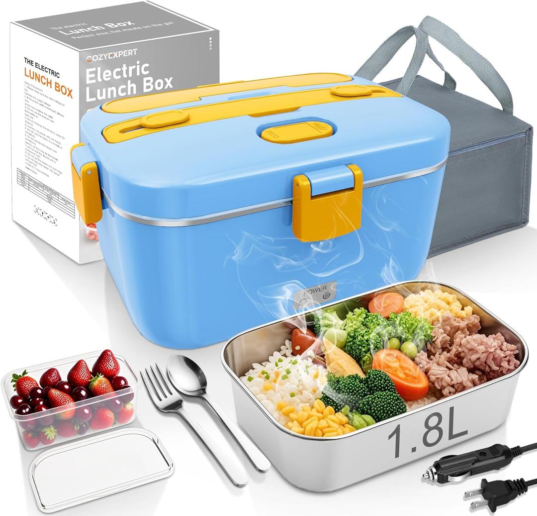 100W Heated Lunch Boxes for Adults 12V 24V 110V-230V Electric Lunch Box Food Heater for Car/Truck Portable Food Heating Boxes with 1.8L 304 SS Containe