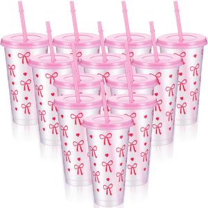 Kifmurase 12PCS 24Oz Pink Bow Plastic Cups Bulk Party Tumbler with Lid Straw, Reusable Coquette Bow Tie Cold Cups, Aesthetic Water Bottle Gift for Wedding Bridal Engagement Baby Shower Party Favors