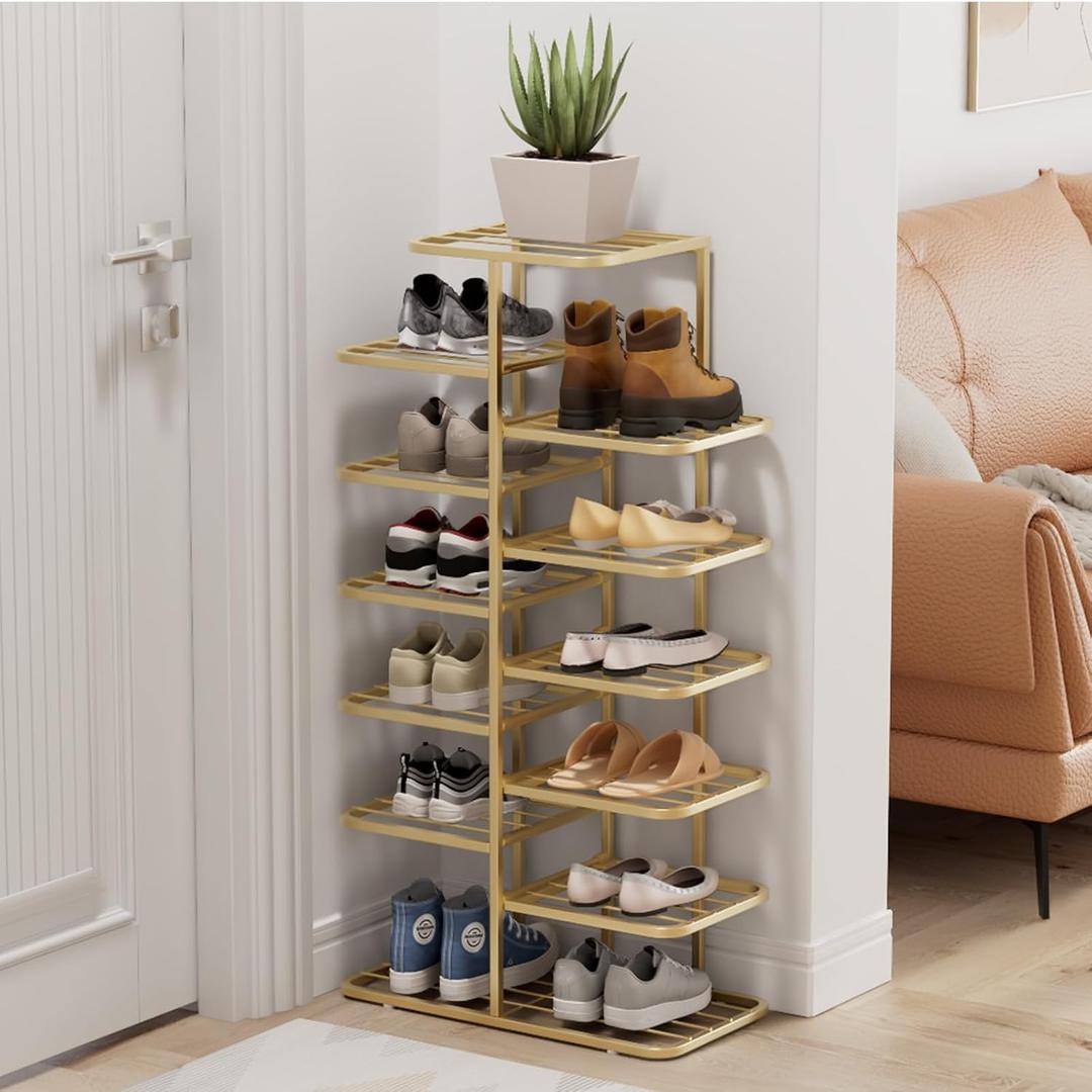 7 Tier Metal Shoe Rack Gold Free Standing Tall Skinny Shoe Shelf Organizer, Large