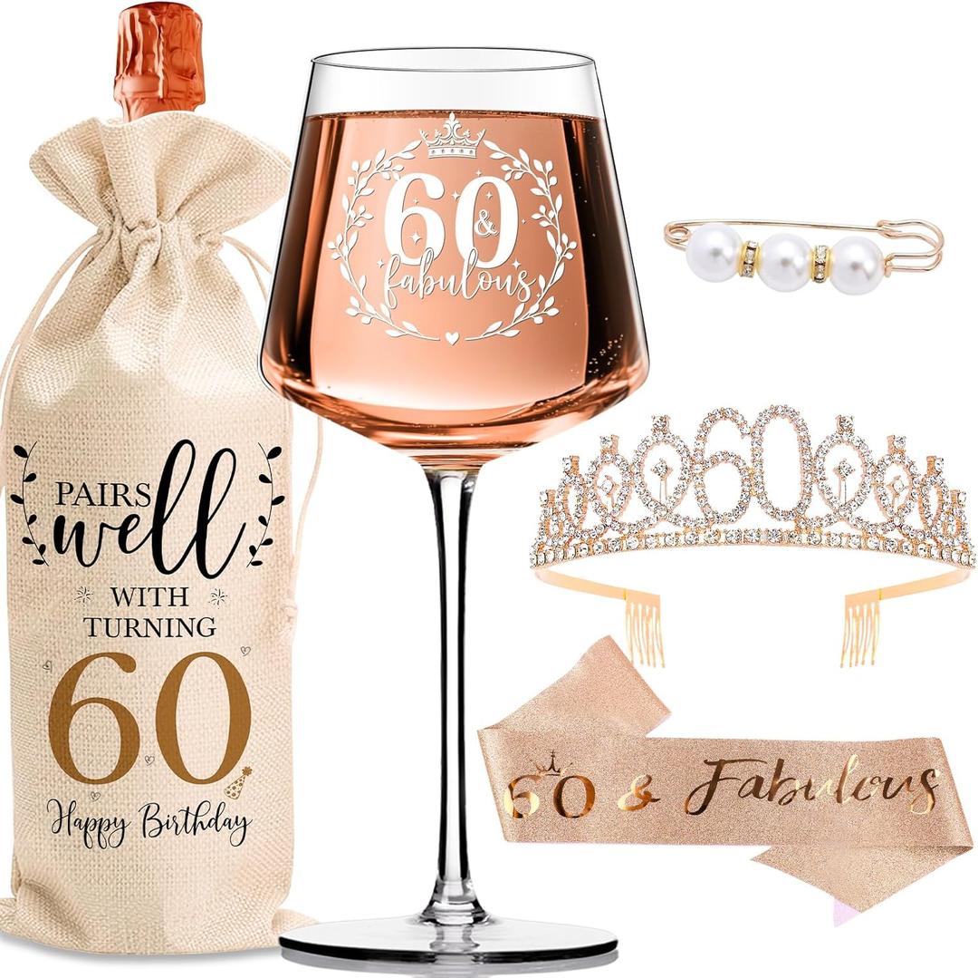 60th Birthday Gifts for Women - Elegant Decorations with Vintage Wine Glasses, Wine Bag, Birthday Sash, Crown,Rhinestone Birthday Tiara, Perfect for Her,Mom,Wife,Coworker,Best Friend,Sister