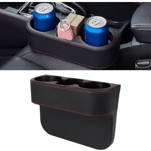 Car Cup Holder, Multifunctional Auto Drink Holder Gap Filler Storage Box, Leather Car Seat Organizer with Cup Holder, Universal Vehicle Front Seat Organizer for Bottle Phone (Black)