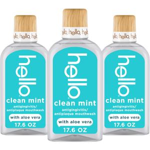 Hello Clean Mint Alcohol Free Mouthwash with Aloe Vera, 17.6 Fl Oz, Antigingivitis Gum Mouthwash with Farm Grown Mint, Fluoride Free, No Alcohol for Zero Burning, Vegan, Minty Oral Rinse, 3 Pack