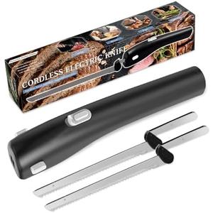 Pratuor Cordless Electric Knife -with 2 Versatile Blades, Rechargeable Bread & Meat Carving Knife with Safety Lock, Ergonomic Handle, for Steak, Fish, Cheese and More (Grey Button)