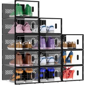 BALEINE 12 Pack Stackable Shoe Storage Boxes Fit Size 11, Thickened Clear Shoe Box Bins with Lids, Plastic Foldable Organizer Sneaker Storage Containers (X-Large, Black)