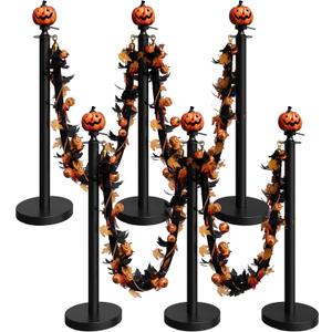 6 Pack Halloween Pumpkin Head Black Stanchions and Velvet Ropes Set, Stainless Steel Crowd Control Barriers, Poles and 4Pcs Black Ropes for Party,Photobooth Accessories, Prom, Halloween Decorations