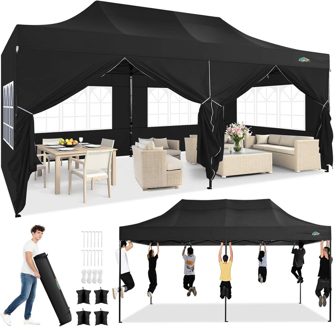 COBIZI 10x20 Heavy Duty Pop Up Canopy Tent with 6 Sidewalls Thicken Frame, Commercial Easy Up Outdoor Wedding Party Tents, All Season Waterproof Windproof with Stakes Sandbags Ropes Roller Bag, Black