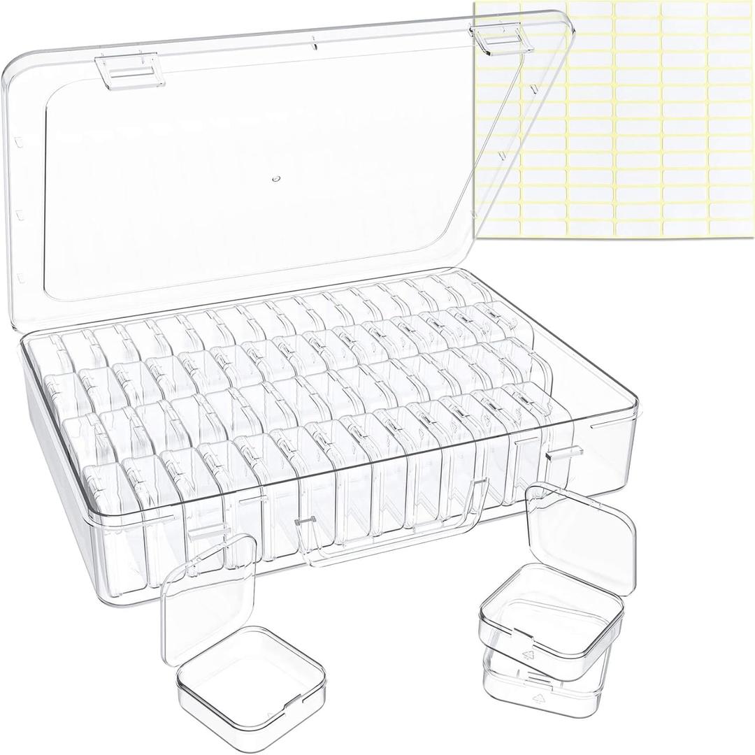 Bead Organizer Box, 60 Pack Small Clear Storage Boxes with Labels, Large Travel Craft Case with Handle, Mini Plastic Containers for Jewelry Making Diamonds DIY Pony Bracelet Screws Seeds Small Parts