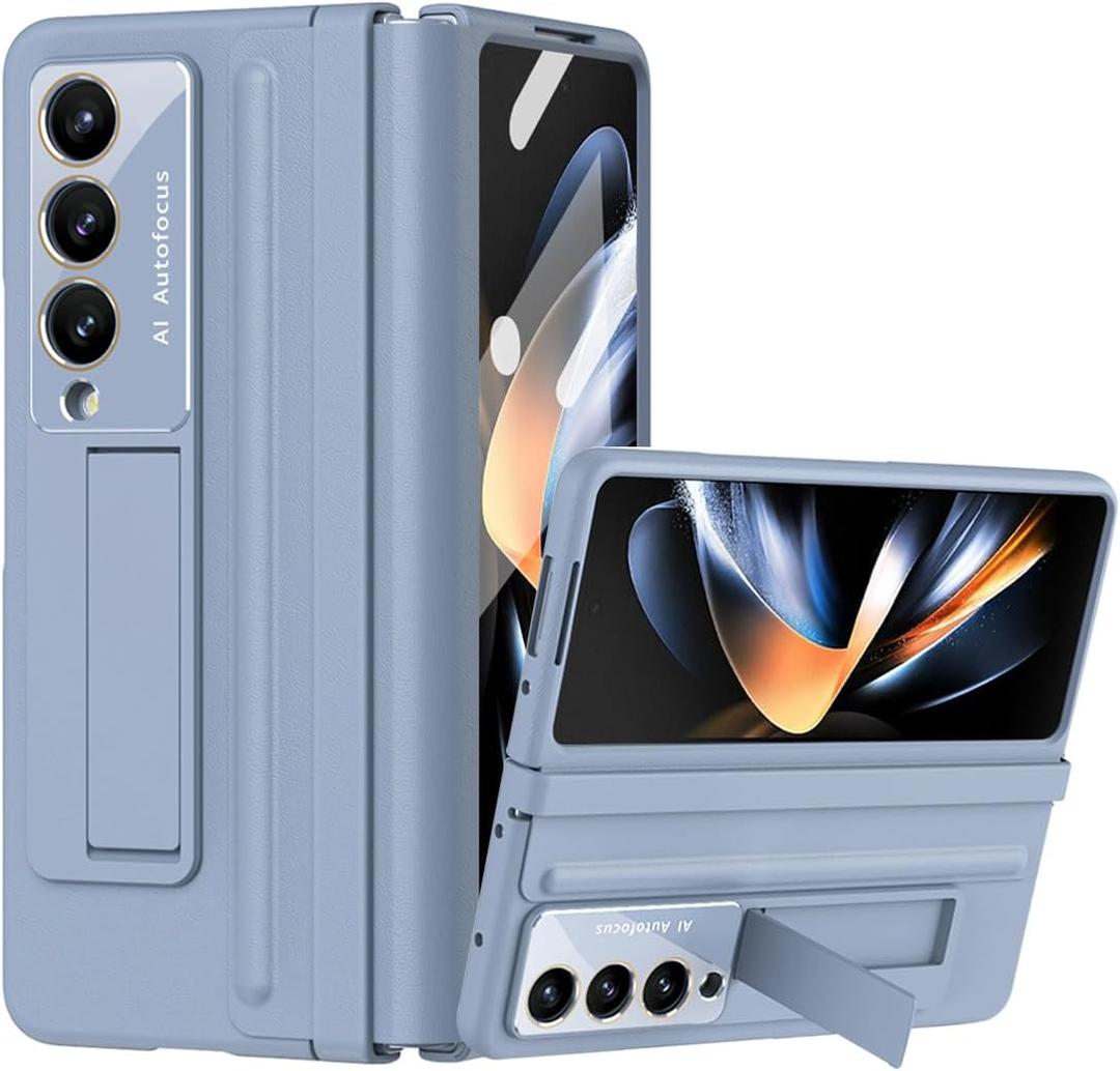 for Samsung Galaxy Z Fold 4 Case with Hinge Protection & Kickstand, Soft Leather Touch Protective Cover, Anti-Scratch Non-Slip Shockproof Case for Z Fold 4, Blue