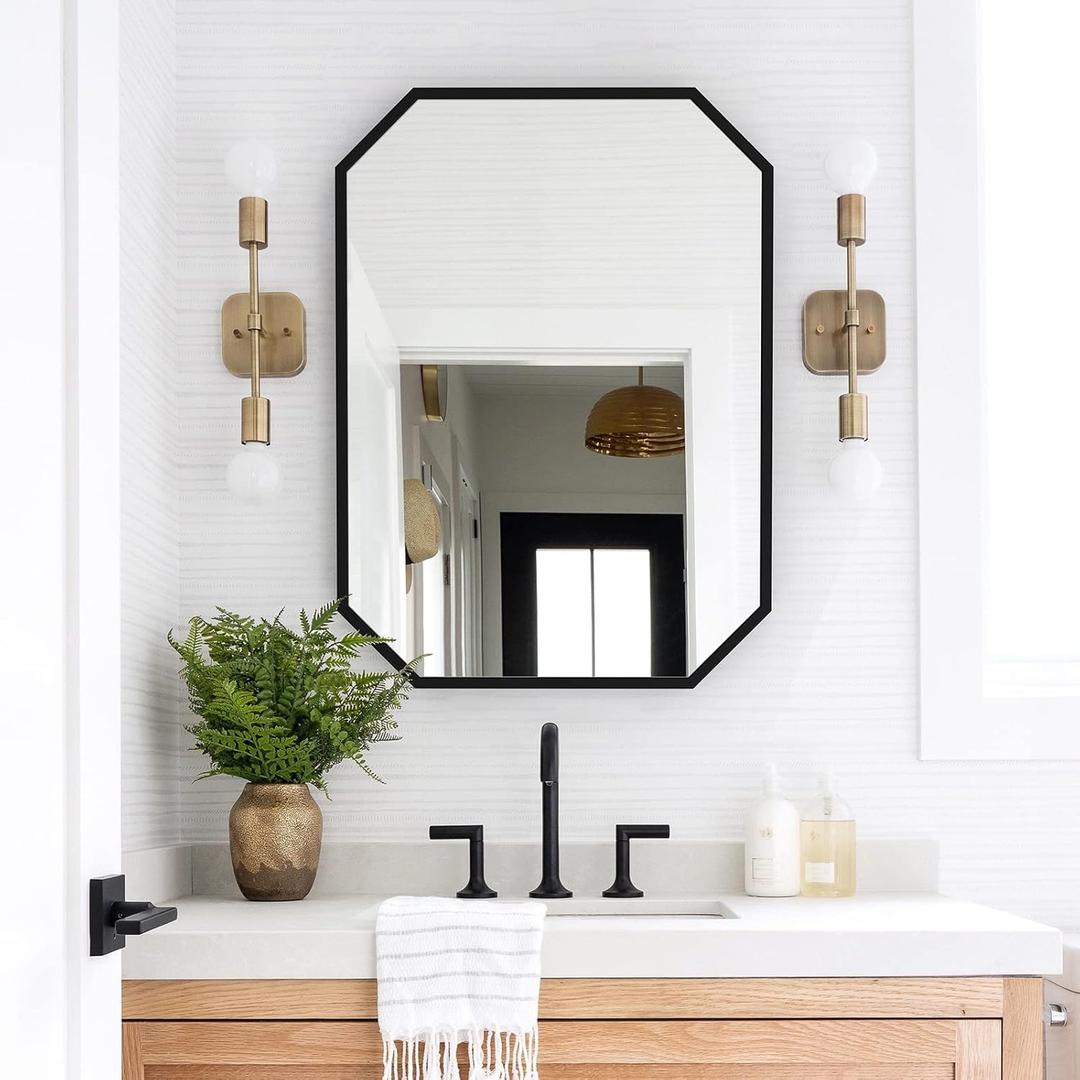 24"x36" Black Octagon Mirror for Bathroom, Black Rectangle Metal Frame Vanity Mirror Wall Mounted Hanging for Bedroom Entryway Living Room Farmhouse Horizontal/Vertical