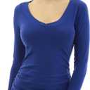 AmlieBoutik Women V Neck Raglan Long Sleeve Ruched Sides Top (X-Small, Blue)