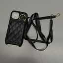 for iPhone 15 Case with Card Holder and Strap for Women,Crossbody Lanyard, Make Up Mirror,Ring Stand,Snap Clasp,Cute Phone Wallet Cases 6.1 inch - Black