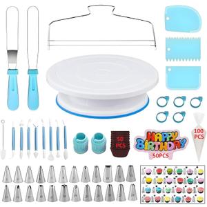 248 Pcs Cake Decorating Kit,Baking Supplies Tools with Cake Turntable,Leveler,24 Numbered Icing Tips,2 Spatulas,3 Scrapers,8 Carved Pens,50 Cupcake Liners,100 Pastry Bags & More, (Blue)