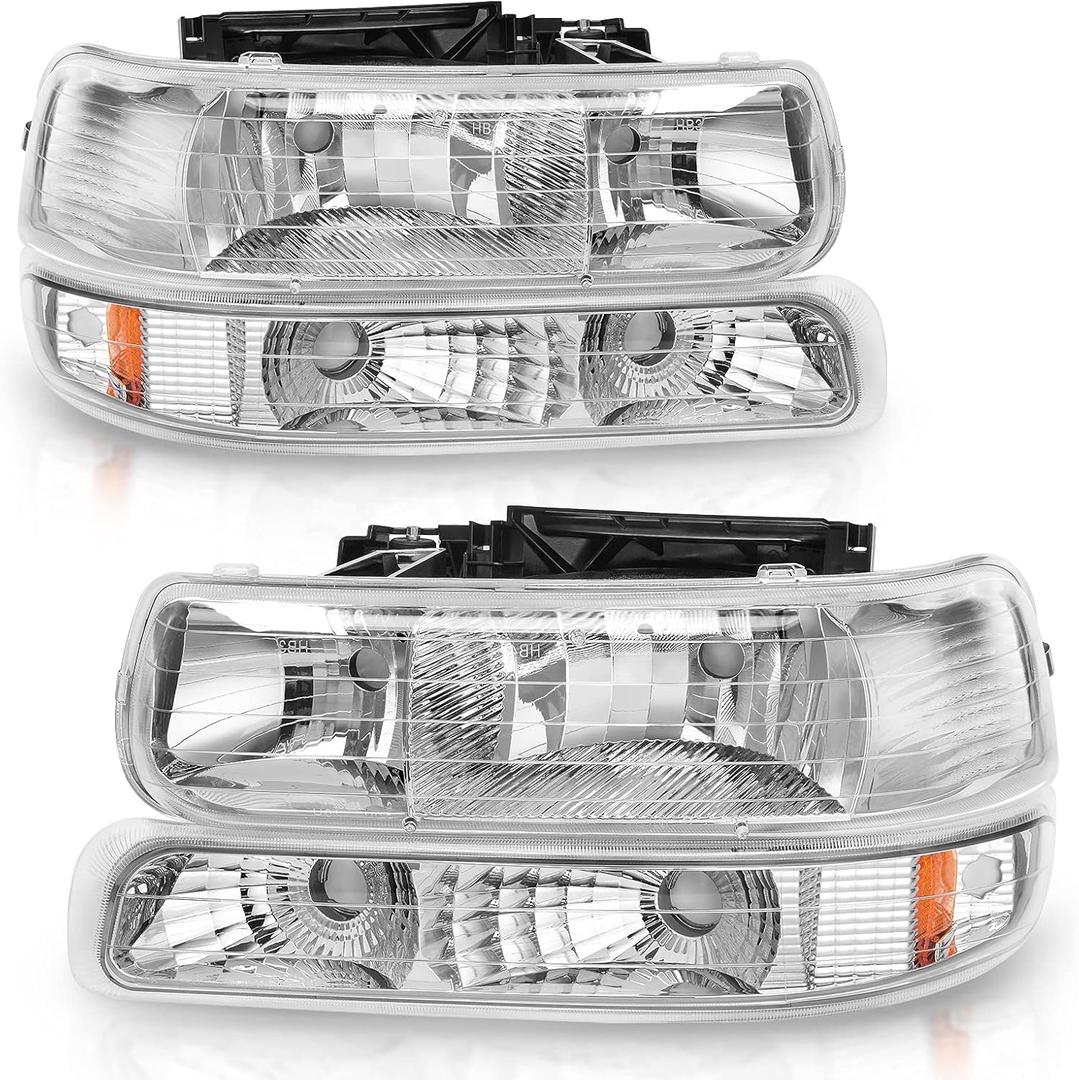 AUTOSAVER88 Headlight Assembly Compatible with 1999 2000 2001 2002 Chevy Silverado 1500 2500 1500HD 2500HD 3500/2000-2006 Tahoe Suburban Headlamp Pair with Bumper Lamp Chrome Housing Amber Reflector