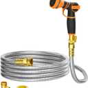 Giraffe Tools Garden Hose 25ft x 5/8", 304 Stainless Steel Metal Water Hose, No Kink Garden Water Hose with 9 Pattern Spray Nozzle, Flexible, Lightweight, Kink Free Hose for Yard, Outdoor