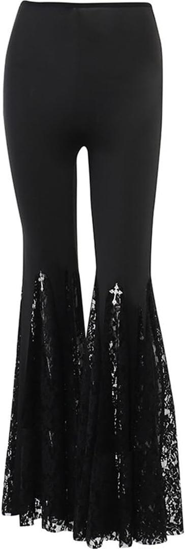 Women's Gothic Pants Lace Flare Leggings High Waist Mesh Bell Bottom Y2K Goth Grunge Patchwork Pants (Medium, Black)