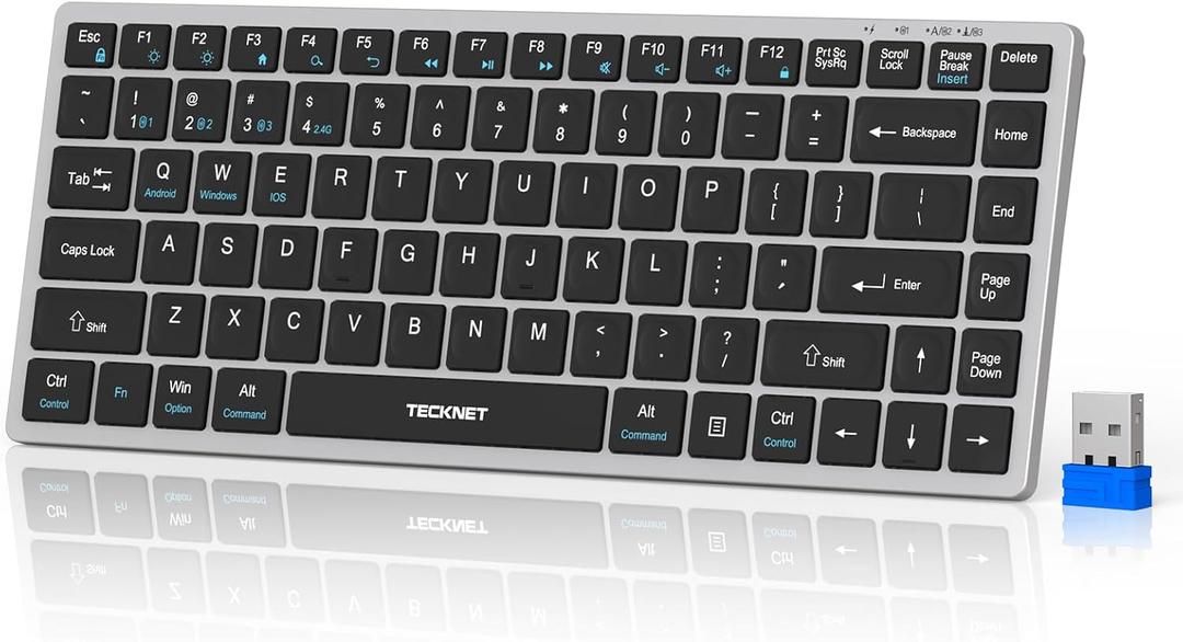 TECKNET Bluetooth Keyboard Rechargeable, 4-Device (2.4G+3BT) Wireless Keyboard, Ultra-Slim Quiet Typing, 14 Hotkeys Computer Keyboard for PC/Laptop/Smart TV/Tablet/iPad