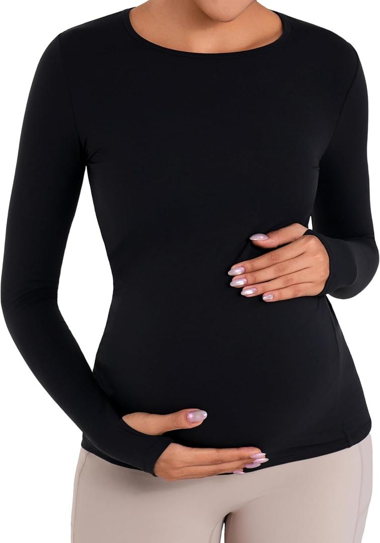 Sunzel Sunzfly Maternity Long Sleeve Shirts for Women, Pregnancy Clothes Tops with Crew Neck, Soft Athletic Yoga Casual Tee (Black, XL)