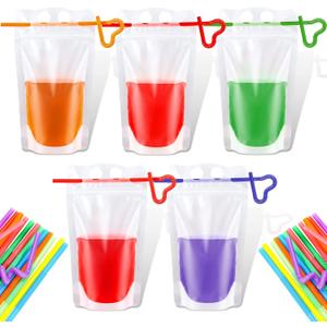 300 Pcs Drink Pouches with 300 Straw, Freezable Juice Pouches for Adults Heavy Duty Hand Held Translucent Reclosable Plastic Smoothie Bags Disposable Bags for Cold Hot Drinks, 400-500 ml
