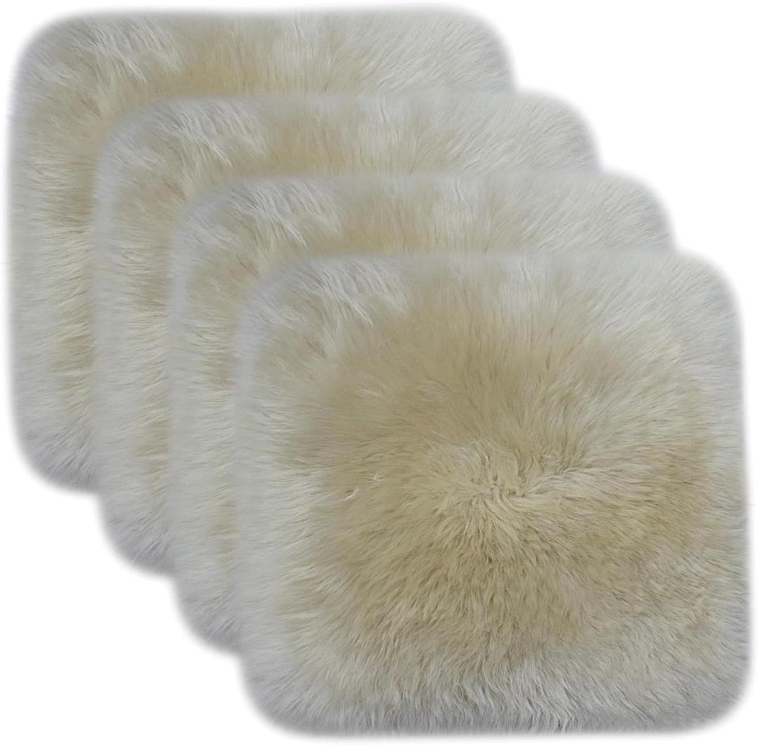 Real Wool 4 Pack Square Cushion Luxurious Comfortable Sheepskin Chair Pad for Children's Room Study Cushion Classrooms Study Desks Chair Office Computer Chair Cushion (18x18 Inch, Cream Coffee)