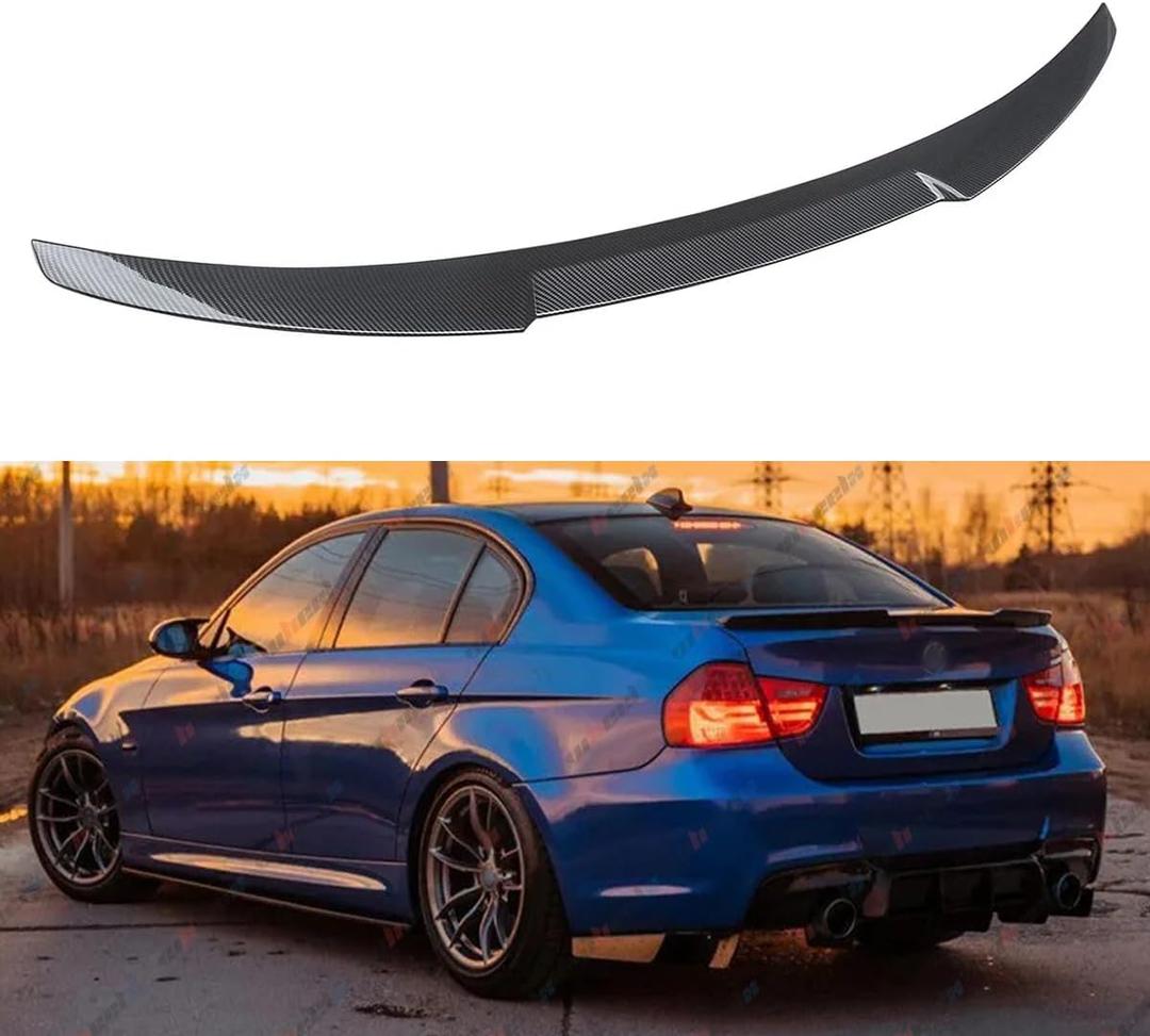 Rear Spoiler Compatible with 2006-2011 BMW E90 3 Series & 2008-2012 E90 M3 Sedan, High Kick MV Style, Exterior Duckbill Spoiler Trunk Tail Deck Lid Wing Lip (Carbon Fiber Pattern)