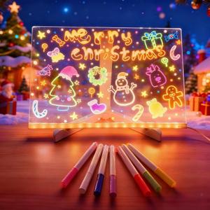 LED Drawing Board 11.8"x7.9", USB Rechargeable Acrylic Dry Erase Glow Message Board with 7 Colored Markers, Cleaning Cloth & Triangular Stand, Classroom, Office & Home Night Light Decor
