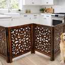 Free Standing Dog Gate 4 Panel Foldable Wooden pet gate Indoor 72" W x 24" H, Hand-Carved Solid Wood & MDF, Portable Indoor Gate for Doorways, Halls, Stairs Fully Assembled_Antique Brown