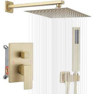 Brushed Gold Shower System 10 Inch Bathroom Luxury Rain Mixer Shower Combo Set Wall Mounted Rainfall Shower Head and Handheld System Shower Faucet Rough-in Valve Body and Trim Kit