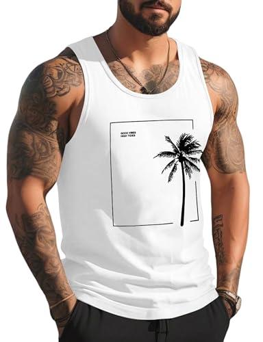 Tank Tops Men Sleeveless Shirts for Men Tank Tops for Men Summer Beach Muscle Plam Tree Men Tank Top Workout Casual White Graphic Vacation Mens Sleeveless Tee Shirts, Size Medium