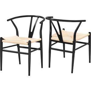 Yaheetech Set of 2 Weave Arm Chair Mid-Century Metal Dining Chair Y-Shaped Backrest Hemp Seat, Black