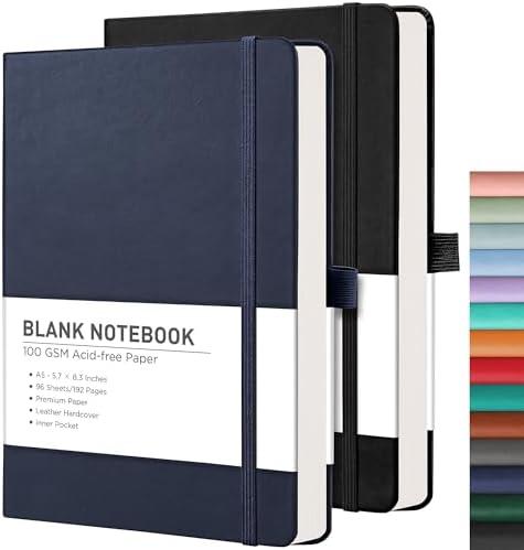 RETTACY Blank Journal Notebook, 2-Pack, 192 Pages per Pack, A5 Medium Size (5.7'' x 8.3''), Leather Hardcover, 100 GSM Thick Paper, for Sketching, Drawing, Painting (Black & Navy Blue)