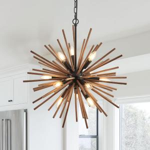 23.6" Farmhouse Sputnik Chandelier for Dining Room Rustic Handmade Natural Wood 12-Light Hanging Ceiling Pendant Light Fixture Starburst Wood Chandeliers for Kitchen Bedroom Foyer Hallway