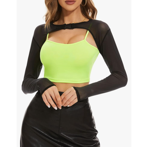 Century Star Mesh Crop Tops for Women See Through Shrug Long Sleeve Open Front Fishnet Cover Up Rave Outfits Sheerb S