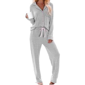 Women's Pajama Sets Long Sleeve Button Down Soft Knit Sleepwear Pjs 2 Piece Lounge Set (Light Grey)
