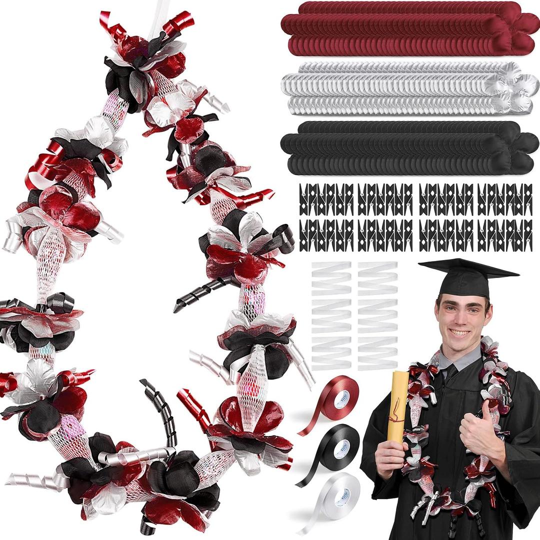 Unittype 6 Sets 2026 Graduation Candy Lei Making Kit DIY Lei Netting Tubing Include 5 ft Mesh Bag 3 Rolls of 98 ft Ribbon 216 Pcs Flower Pieces for Grad Party Supplies(Wine Red, Silver Gray, Black)
