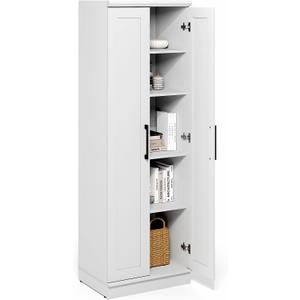 Furinno Robin Storage Cabinet, 5-Tier Pantry Cabinet with Adjustable Shelves, 23W with 2 Shaker-Doors, Kitchen Cabinet, Organization and Storage, for Pantry, Living Room, Home Office, White