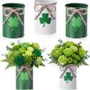 Remerry 3 Pcs St. Patrick's Day Vase Centerpiece, 3.1x4.3 Inches St. Patrick's Day Vase Bow Flower Bucket Shamrock Floral Picks Green Metal Bucket Decor for Table, Galvanized Buckets