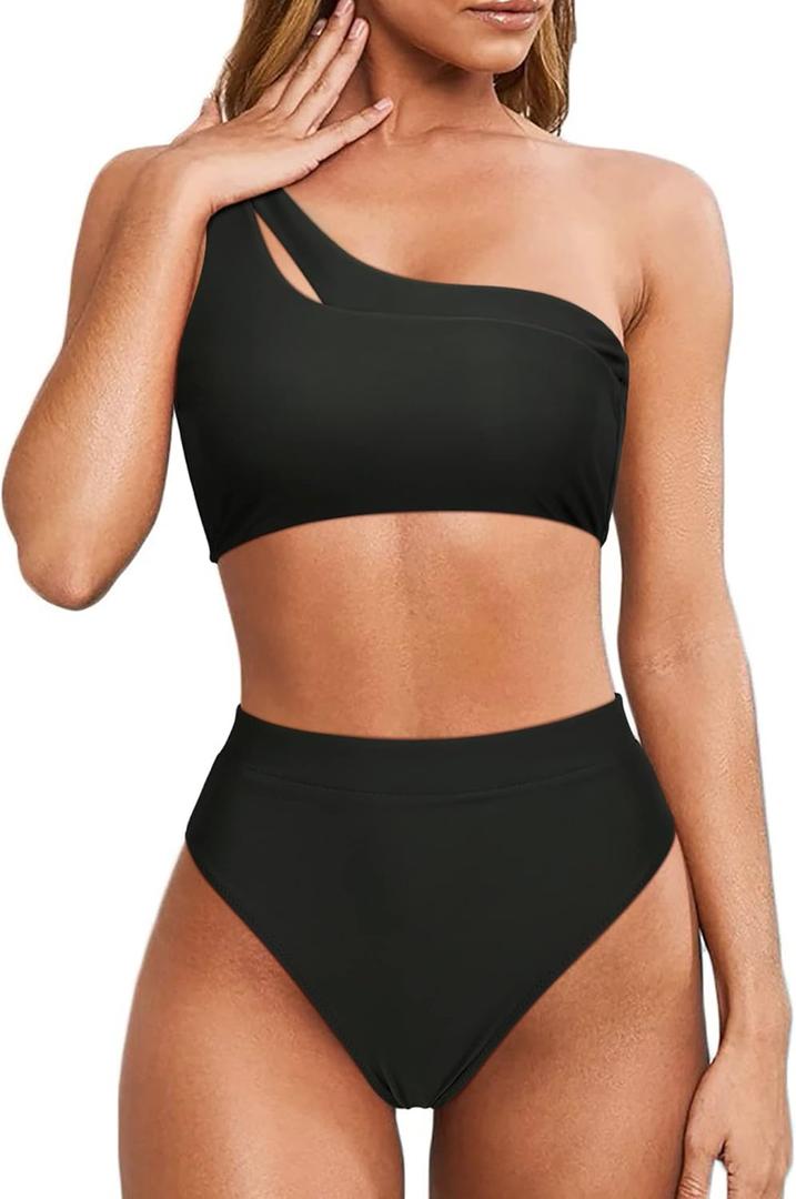 MOOSLOVER Women Cutout One Shoulder High Waisted Bikini High Cut Two Piece Swimsuits (Large, Black)