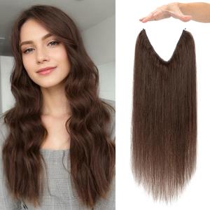 Halo Hair Extensions Real Human Hair Invisible Wire Extensions with Transparent Fish Line Adjustable Size Dark Brown 12 inch